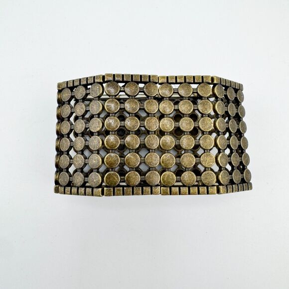 Vintage Bronze Tone Stretch Bracelet Wide Geometric Dot Panel Boho Hero Retro - Picture 6 of 7